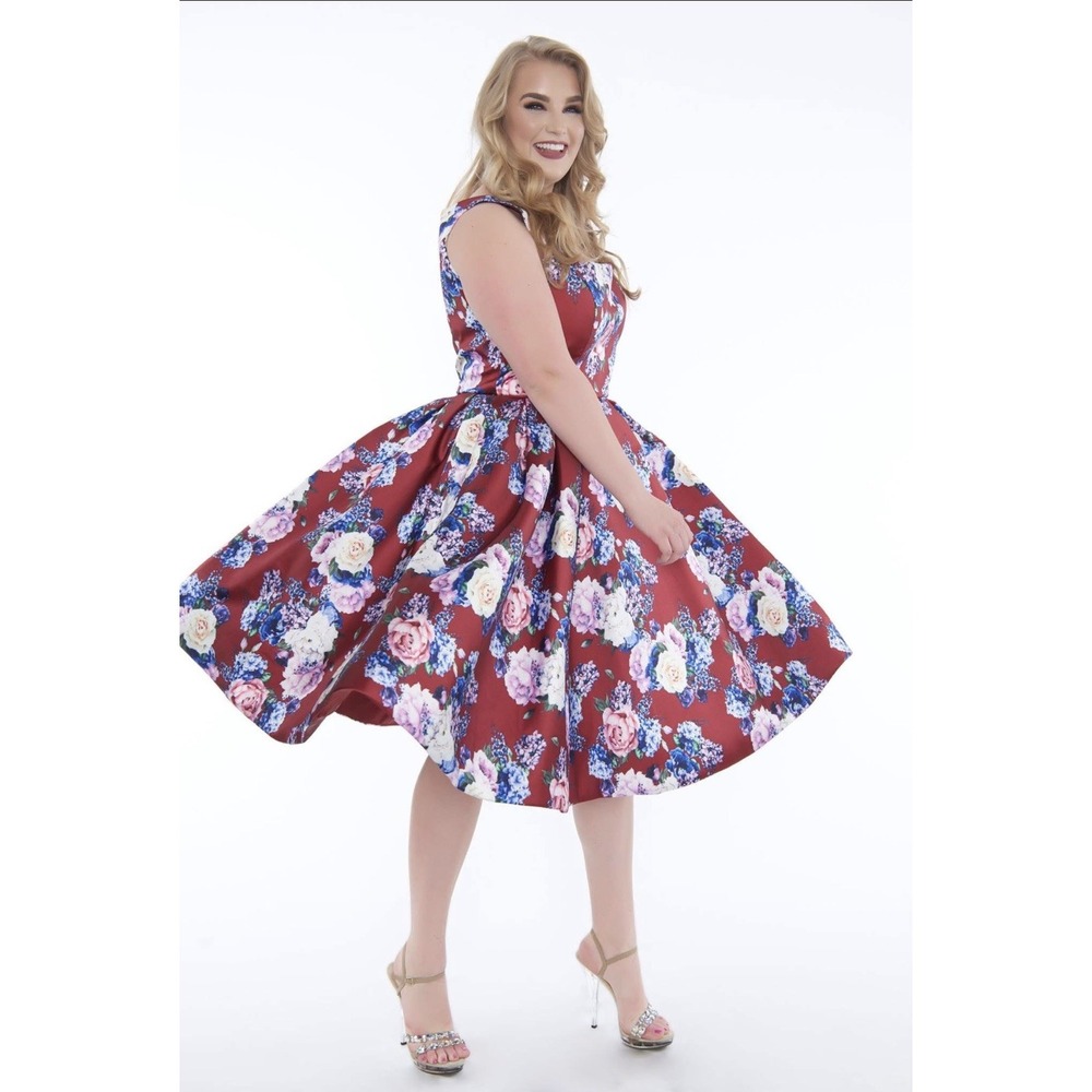 Mac Duggal Burgundy Multi Floral Square Neck Fit & Flare Satin Dress 18W 77314F